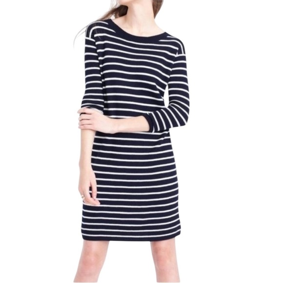 J. Crew Navy Blue Striped 100% Merino Wool Sweater Dress XS Preppy Nautical - Picture 1 of 8